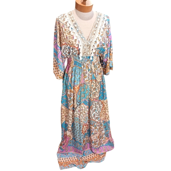 Small/ Medium Maxi Womens Dress Shell Boho Fringed Orange Pink Vacation SUMMER - Picture 2 of 8